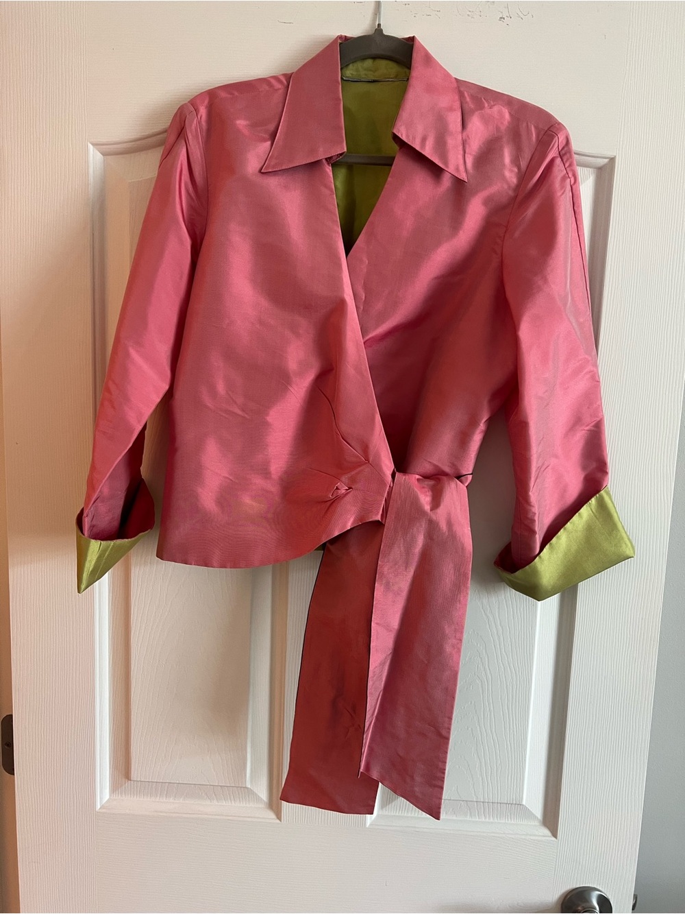 Pink Wrap-Front Women's Jacket with Green Accent